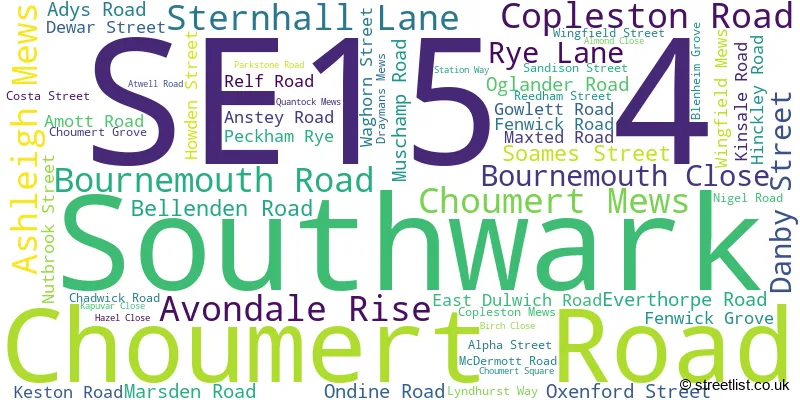 A word cloud for the SE15 4 postcode